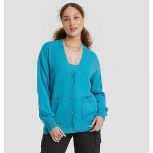 A New Day Womens Teal Blue Button Front V Neck Cardigan Sweater Size Small NWT